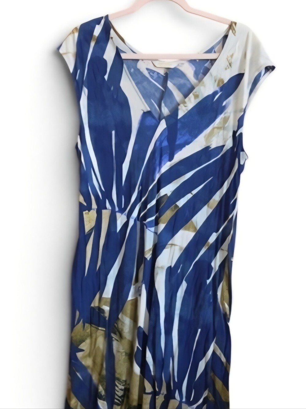 Jams World Blue and Olive Abstract Palms Design Cap-Sleeve Dress